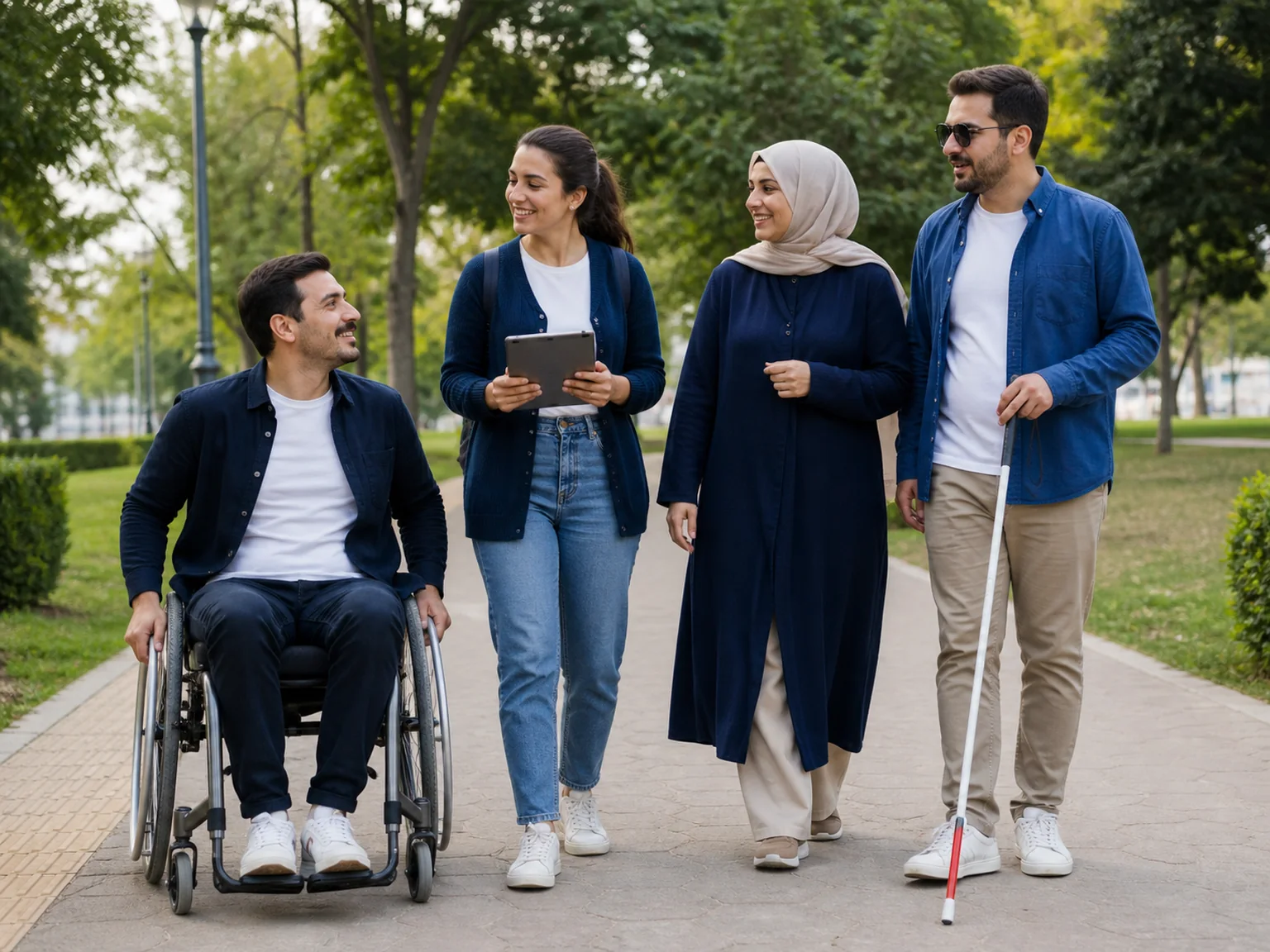 Tekerlekli sandalye kullanan bir birey, beyaz baston kullanan bir birey ve gönüllüler erişilebilir park yolunda birlikte ilerliyor